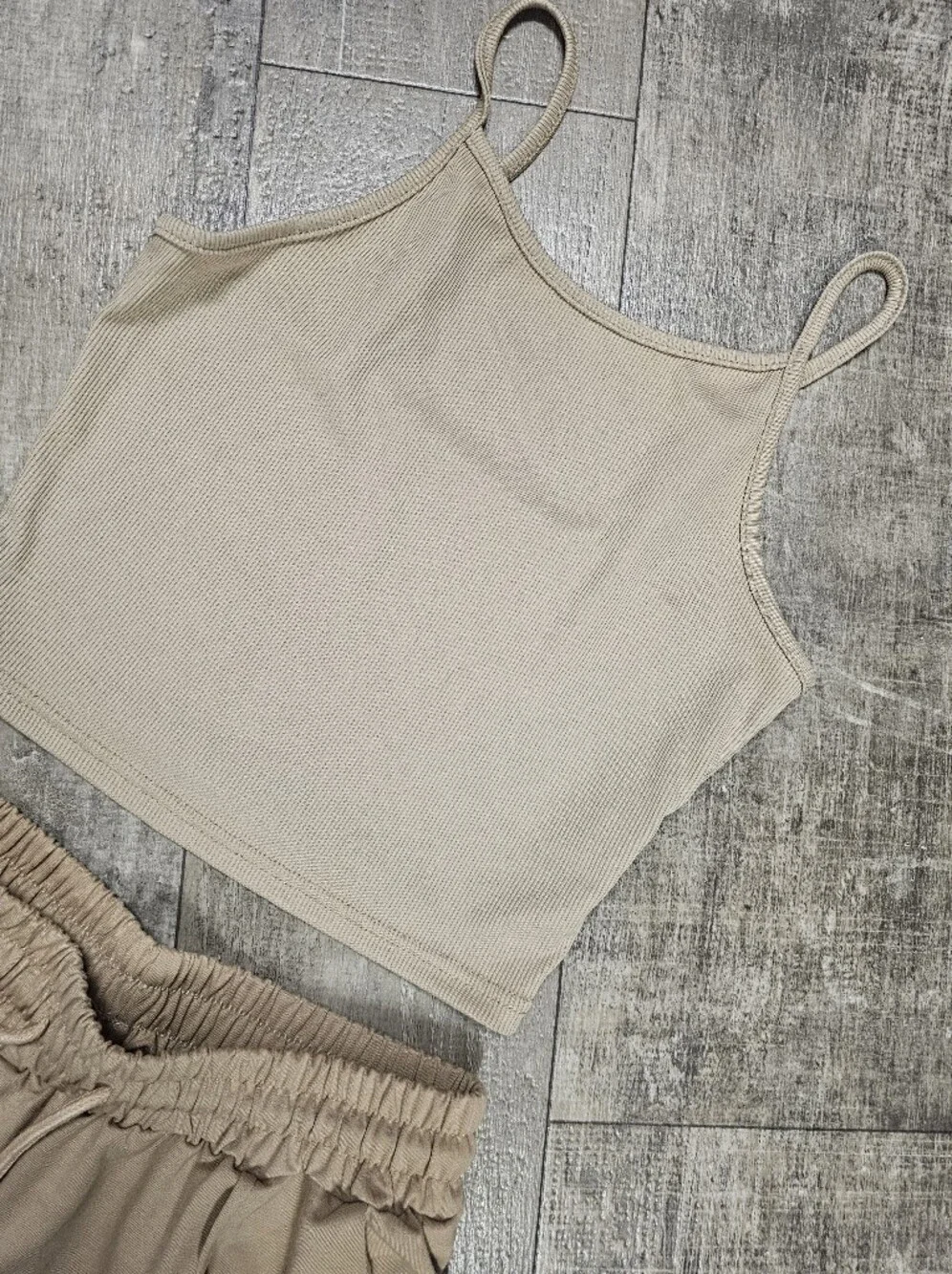 SHEIN Beige Ribbed Crop Tank and Drawstring Waist Shorts Set